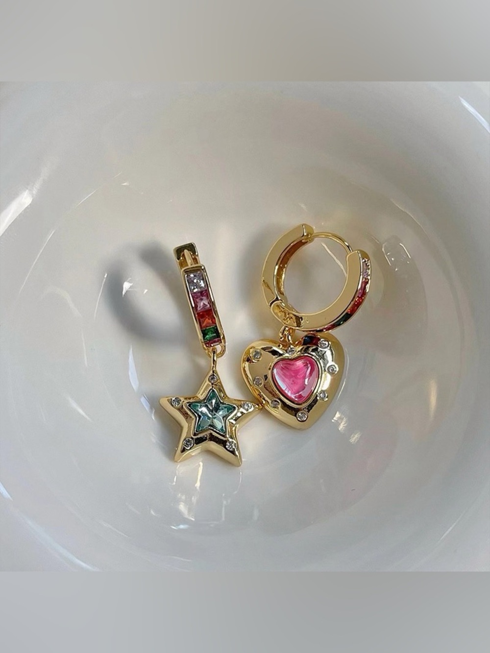 Korean Vintage Rhinestone Heart Star Pendant Gold Drop Earrings